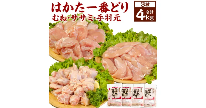 【ふるさと納税】はかた1番どり 4kgセット ムネ肉 1kg×2パック ササミ 1kg×1パック 手羽元 1kg×1パック 小分け 鶏むね 鶏ささみ 鶏肉 肉 とり おうち時間 うちごはん 冷凍 国産 九州 福岡県産 送料無料 【2024年1月下旬より順次発送】