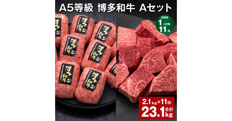 【ふるさと納税】【定期便】【1ヶ月毎11回】A5等級 博多和牛 Aセット 計23.1kg（2.1kg×11回） 博多和牛100%贅沢本格手ごねハンバーグ 【訳あり】博多和牛ヒレサイコロステーキ 牛肉 お肉 和牛 冷凍 国産 福岡県 糸田町 送料無料